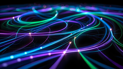 Illuminating Network: A dynamic illustration of fiber optic cables with radiant illumination in electric teal, vivid blue and radiant purple hues representing seamless data transmission.
