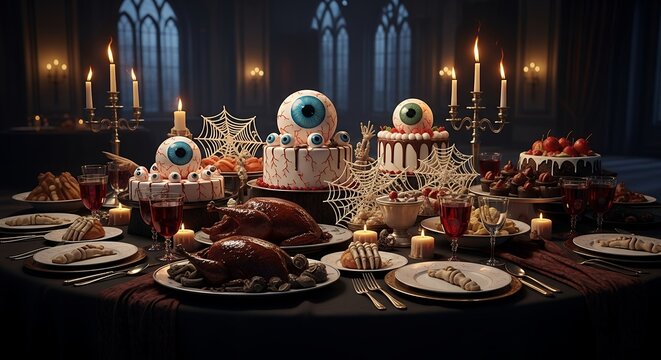 Lavish Halloween feast displayed with eyeball cakes, roasted turkeys, and eerie decor in a gothic setting. Concept for Halloween party, spooky celebration and themed restaurant decor