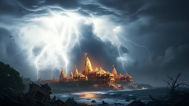 Epic dwarka city temple under lightning storm captivating blend of architecture nature and power creating a compelling travel and spiritual destination