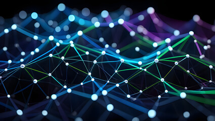 Obraz premium Digital Network: A mesmerizing illustration depicting a dynamic, interconnected network of luminous nodes and intricate lines, symbolizing the complex web of digital communication.