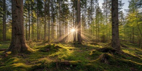 Obraz premium Sunlight streams through a mossy forest