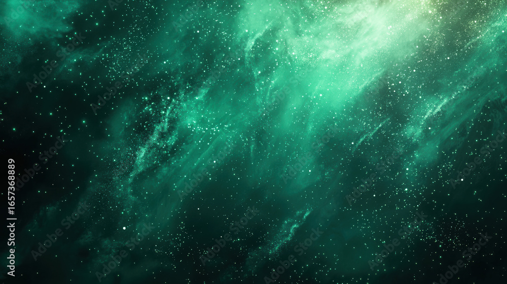 Sticker a green background with particles or elements randomly drifting in space.