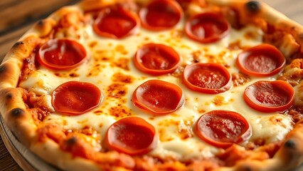 Close-up of a pepperoni pizza with melted cheese, showcasing appetizing details.