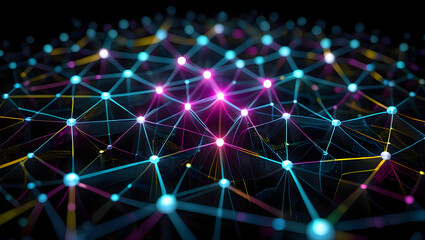 Network of Connectivity: An interconnected network of radiant nodes and lines, forming a digital tapestry, evokes ideas of data flow, communication.