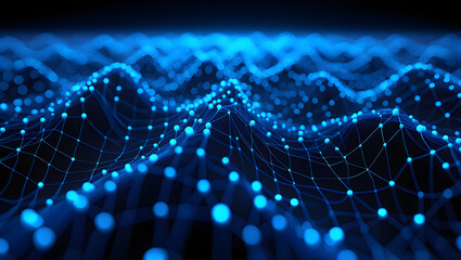 Abstract Network: a high-angle shot of a glowing digital network landscape, with sparkling blue light nodes seamlessly integrated across a dark background.