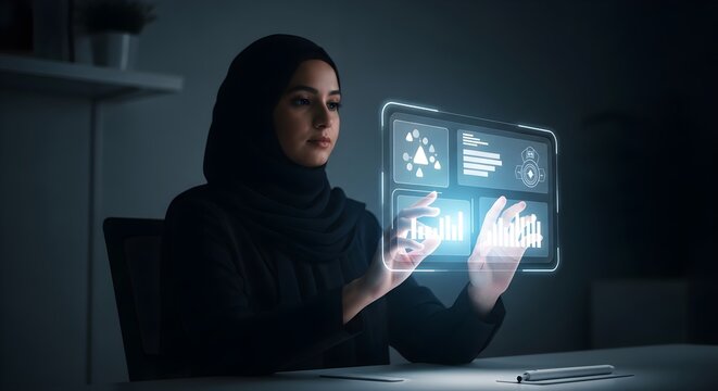 Arab woman in hijab working on a futuristic transparent tablet with a holographic user interface for business analytics. - Powered by Adobe