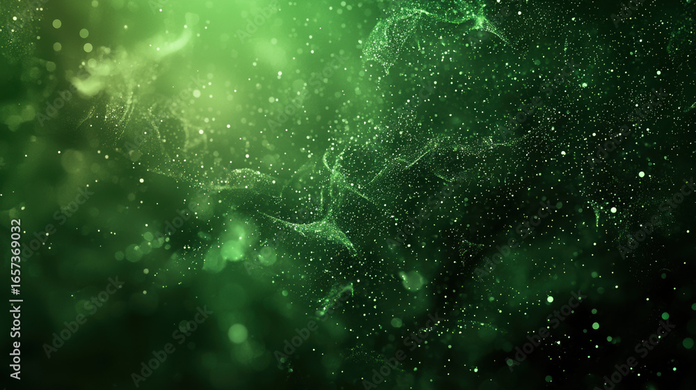 Wall mural a green background with particles or elements randomly drifting in space.
