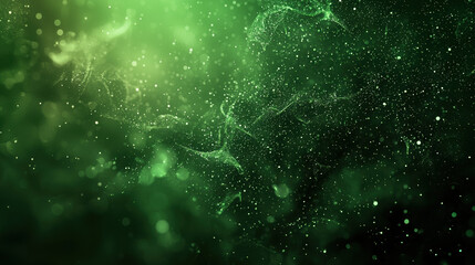 A green background with particles or elements randomly drifting in space. 