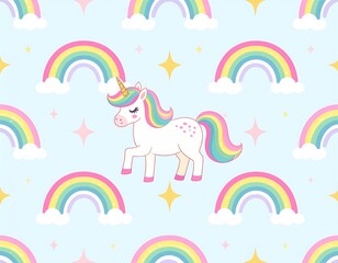 Pastel unicorn and rainbows repeating pattern