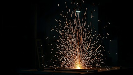 An industrial workshop with glowing sparks, showcasing dynamic energy in a dark environment.