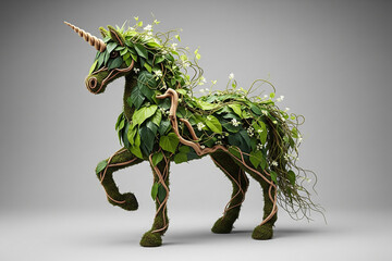 Fototapeta premium Verdant Mythical Unicorn Sculpture Crafted from Leaves, Vines, and Fairy Lights