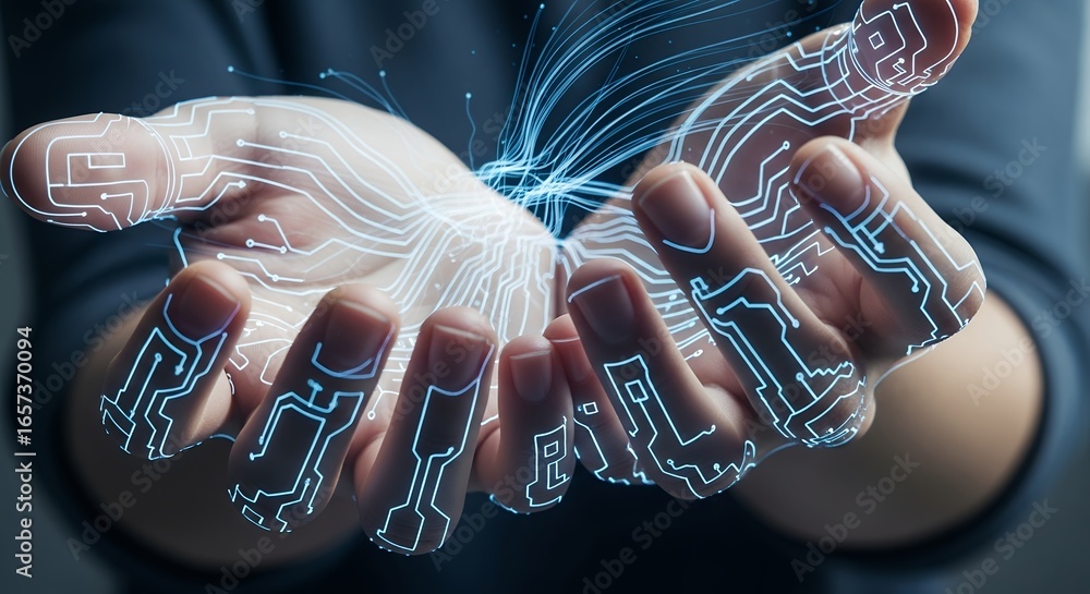 Aufkleber human hands holding futuristic circuit design with blue light effect, concept for data science, neur