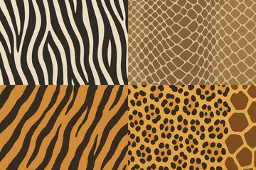Seamless Animal Skin Patterns Collection Zebra Snake Tiger Leopard Giraffe Flat Vector Illustration for Textile and Wrapping