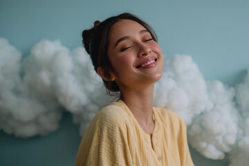 blissful person with radiant smile is surrounded by soft fluffy clouds above their head