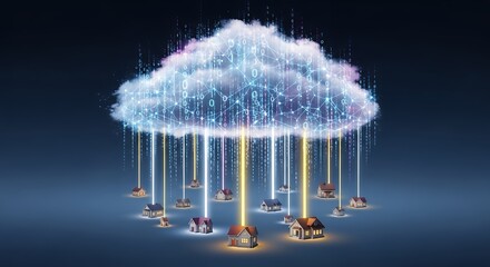 Digital cloud with binary code and network connections sending data streams to houses. Concept for smart homes, IoT integration and data security infrastructure