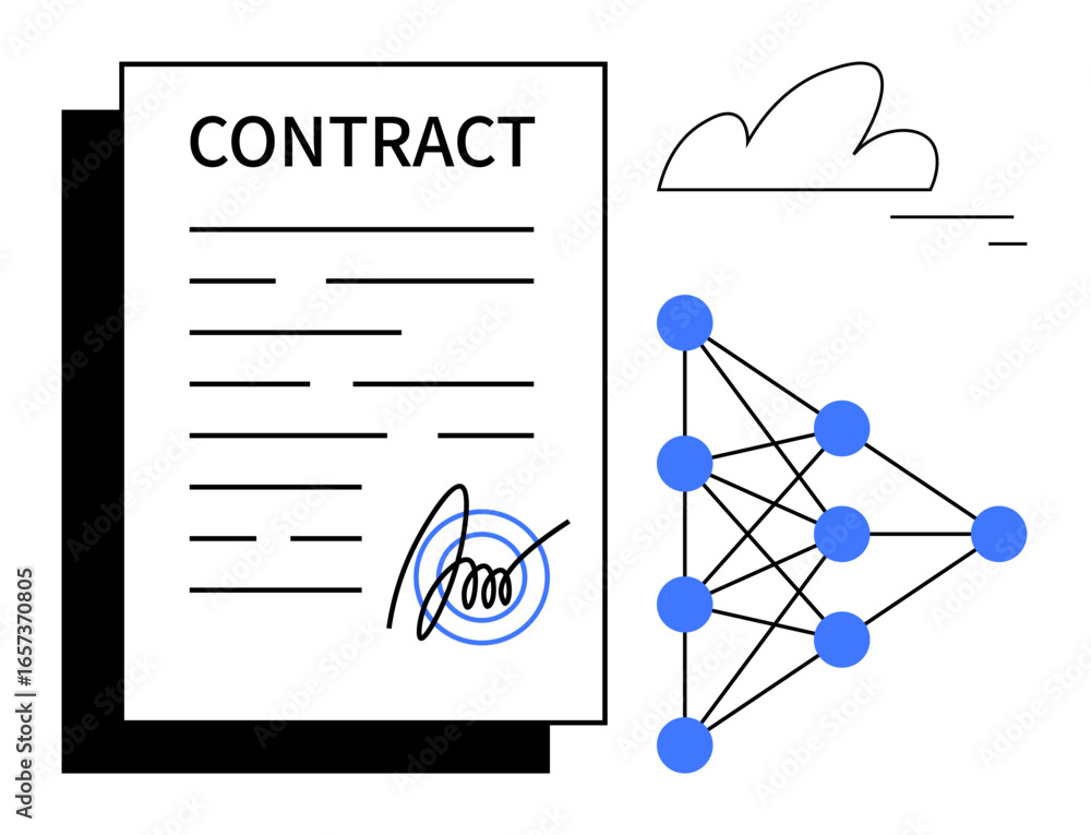 Poster signed contract with interconnected neural network nodes and abstract cloud design. ideal for ai int