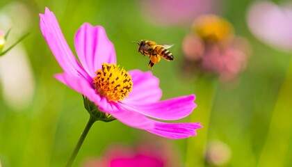 Vibrant bee on a pink cosmos flower