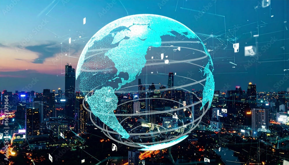 Poster 3d wireframe sphere glowing with dots and lines, abstract earth network, global connectivity concept