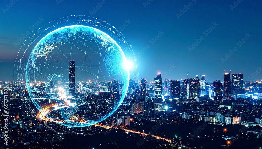 Poster 3d wireframe sphere glowing with dots and lines, abstract earth network, global connectivity concept