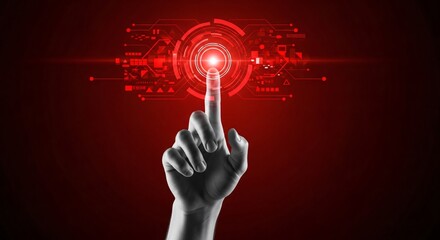 Hand touching futuristic digital interface with glowing red elements