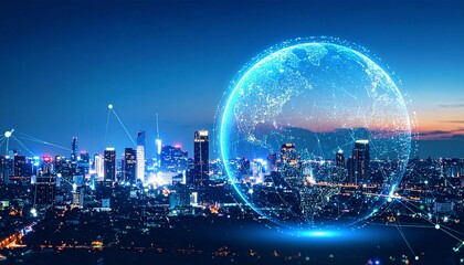 3D wireframe sphere glowing with dots and lines, abstract earth network, global connectivity concept.