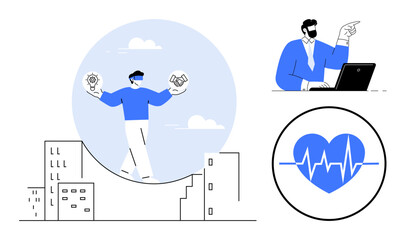 Businessman walking a curved path holding lightbulb and handshake icons, another working at laptop. Blue heart with ECG line. Ideal for teamwork, innovation, health, decision-making, urban life