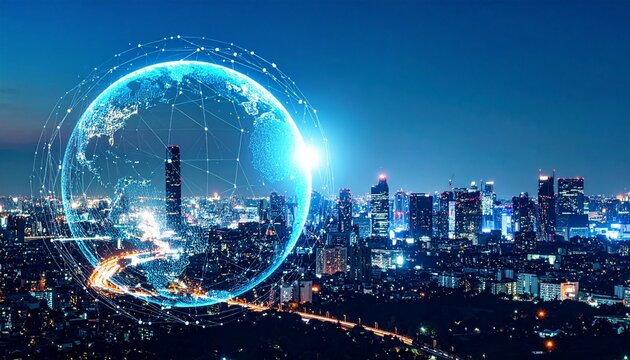 3D wireframe sphere glowing with dots and lines, abstract earth network, global connectivity concept. - Powered by Adobe