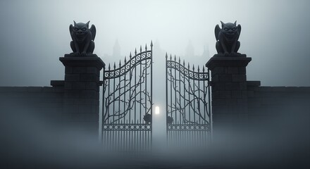 Eerie gate with gargoyles in dense fog leads to a mysterious light, concept for haunted house backdrop, gothic architecture, and Halloween invitation design