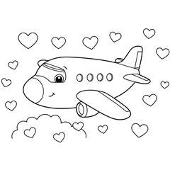 A smiling cartoon airplane with big eyes flies among hearts and clouds—cute, cheerful, and perfect for coloring fun.