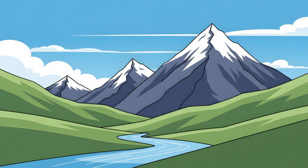 Green Valley with Snow Capped Mountains and Blue River