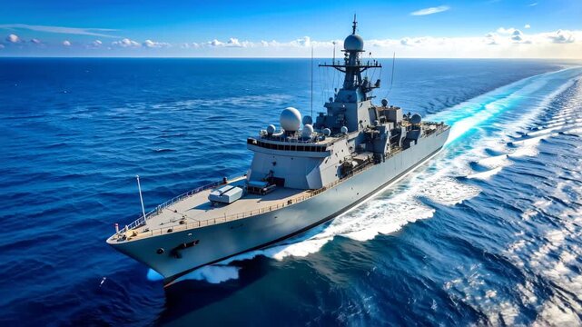 Realistic animation of a naval frigate cruising across the sea with active radar scanning the water surface for maritime defense