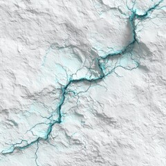Light-blue river winding through textured white terrain
