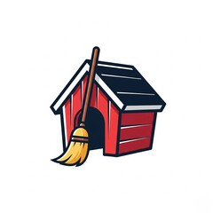 dog house logo with broom