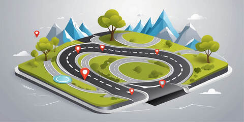 Winding road with a single car driving at speed toward the city, an abstract journey of transportation