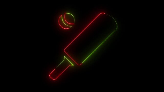 Neon glowing Cricket Showcase Bat and boll Icon animation and Symbol of cricket bat Animation on Black Background, 4k Video animation .