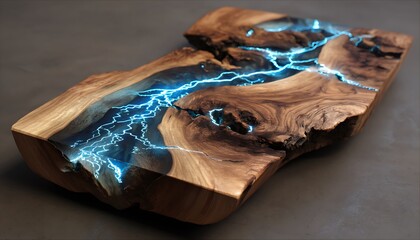 Hand-carved wood with light-emitting circuits tracing the grain lines earthy walnut and cobalt light