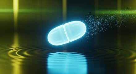 Futuristic glowing pill dissolves into particles over rippling water