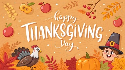 Festive Thanksgiving Celebration Cartoon with Turkey Apples and Pilgrim Boy Amidst Colorful Autumn Foliage and Joyful Typography
