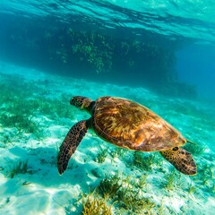 Fototapeta premium Sea turtle swimming in clear shallow water