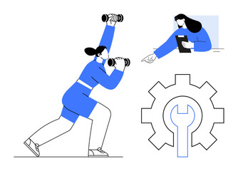 Obraz premium Woman lifting dumbbells, another analyzing data on a tablet, large gear with wrench in center. Ideal for productivity, fitness, teamwork, problem-solving, self-improvement, balance simple landing