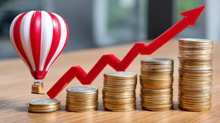 Investment Growth: Coins, Upward Trend, Hot Air Balloon, Economy