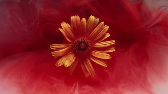 Flower ink. Vapor texture. Defocused red crimson pink color smoke paint water yellow creative doronicum on abstract nature background.