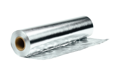 Rolled aluminum foil, a continuous sheet of metal, rests on a light-brown cardboard core.  A portion of the foil is unrolled, showcasing its smooth, reflective surface