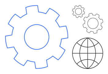 Large blue gear with smaller black gears and spherical wireframe globe. Ideal for teamwork, automation, system integration, globalization, innovation, collaboration, simple landing page
