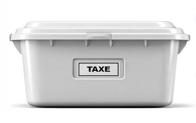A white rectangular storage container with a lid, labeled "TAXE