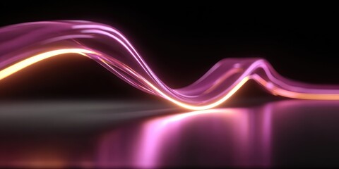 Abstract glowing pink and orange wave reflecting on dark surface