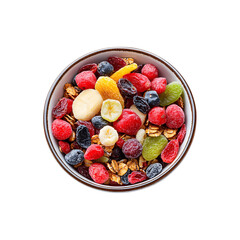 Healthy breakfast bowl with dried fruits, granola, and fresh ingredients