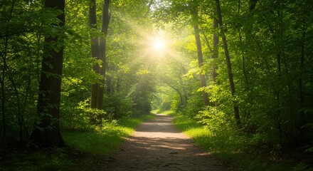 Fototapeta premium Sunlight streams through the trees onto a path in a lush, green forest.