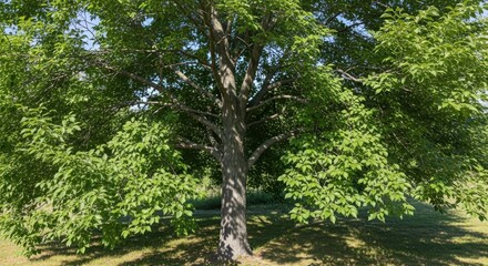 Fototapeta premium Lush green deciduous tree in a sunny park, vibrant summer foliage on a mature oak tree, natural landscape background