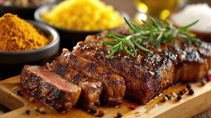 Sliced grilled steak with spices and rice